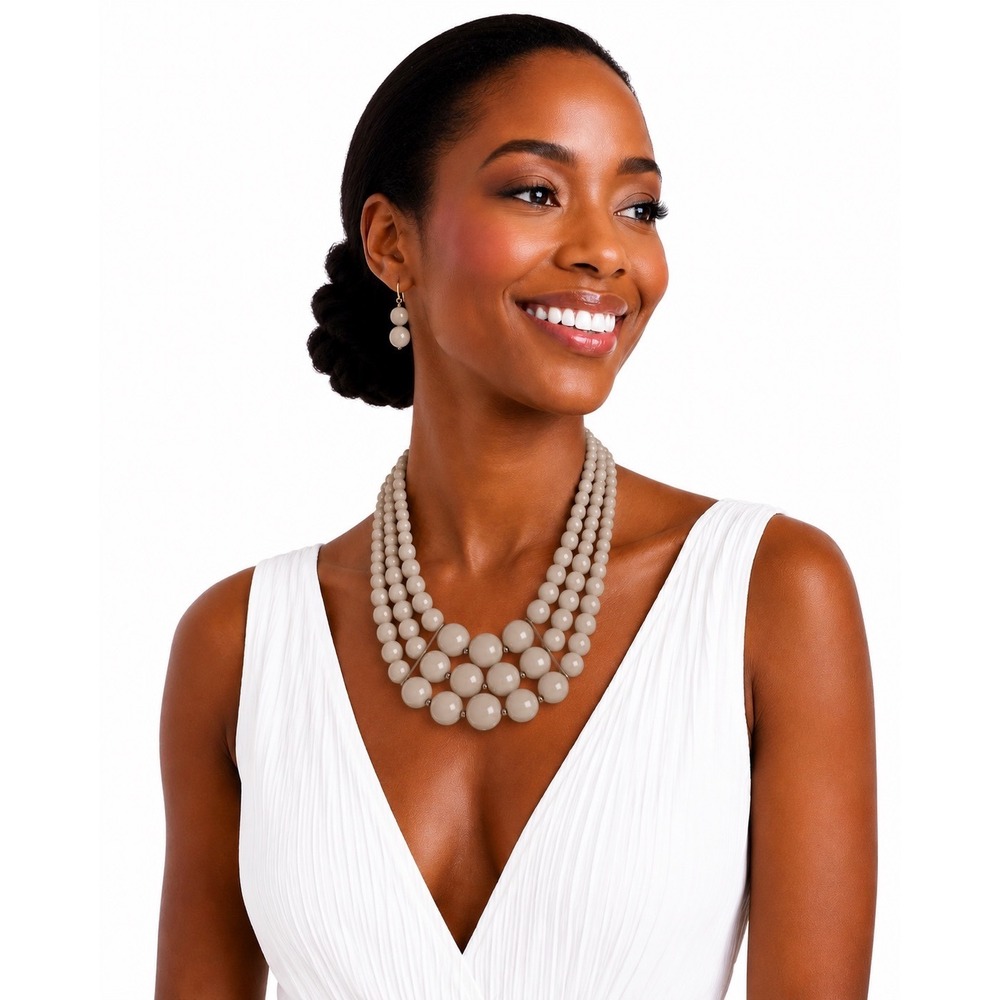 Cream Multi Strand Graduated Bead Bib Necklace Gold Tone Accents Chic 103-224